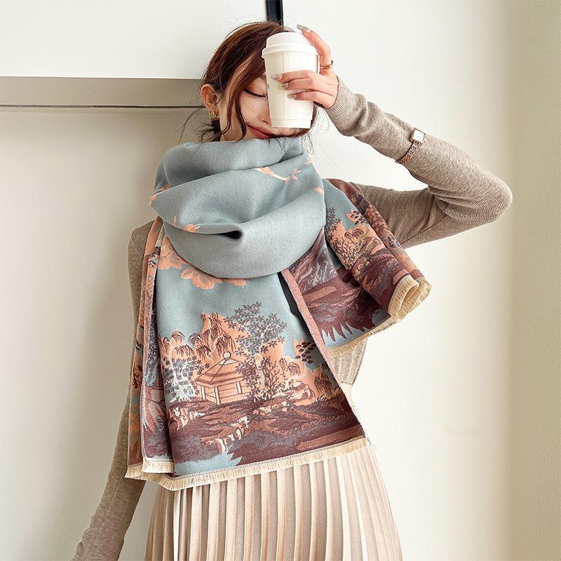 New Winter Imitation Cashmere Scarf for Women Literary  Light and Luxurious Style  Jiangnan Jacquard Scarf Plus Velvet Warm Shawl