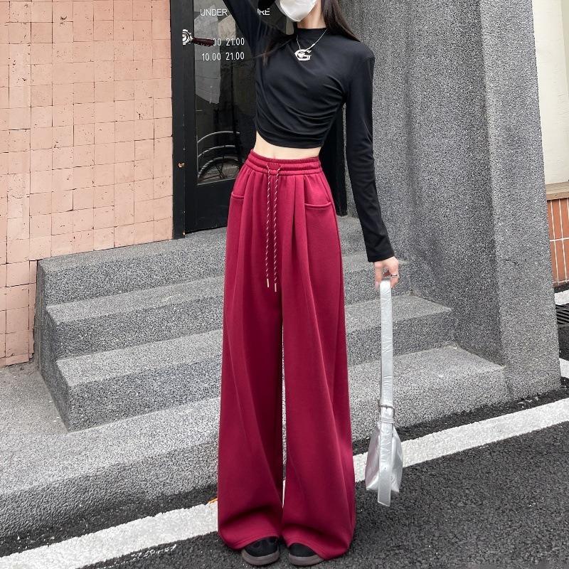 Red sweatpants women's spring and autumn new high-waisted straight sweatpants small casual mopping wide-leg pants