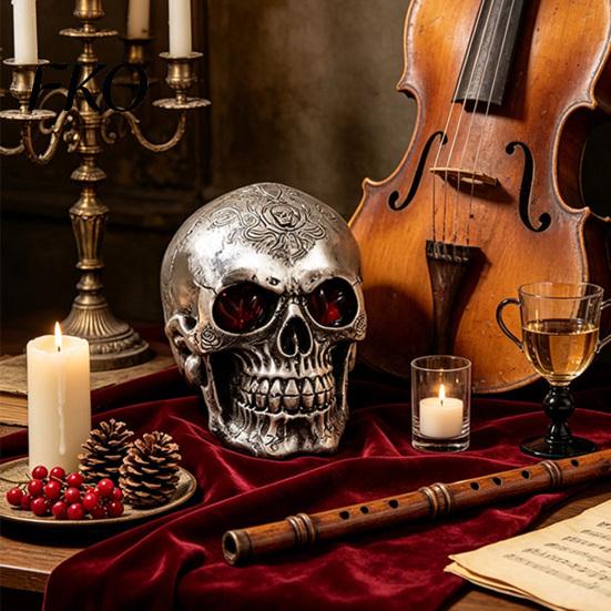 Resin Skeleton Head Skull Figurine, Realistic Human Model, Spooky Halloween Durable Material Statue for Indoor Fireplace Kitchen Gothic Home