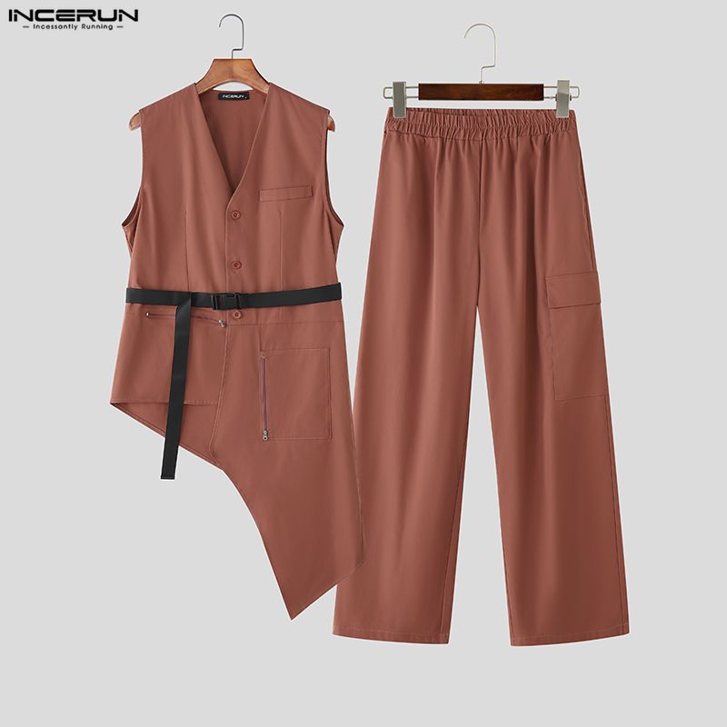 INCERUN Men Sleeveless Buttons Irregular Tops and Long Loose Pants Outfits Sets