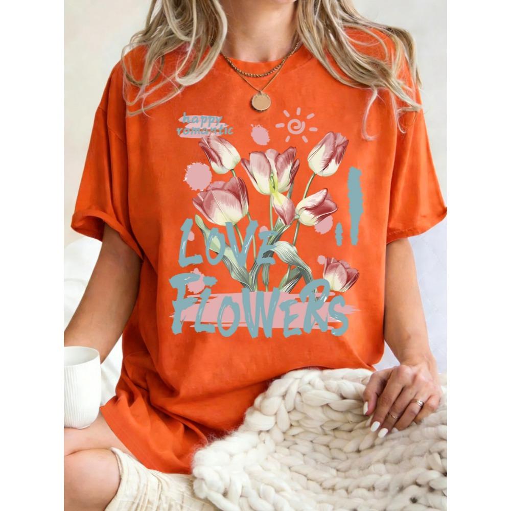Happy Romantic Love Flowers Print T Shirt Woman O-Neck Oversized T-Shirts Women Breathable Short Sleeve Summer Cotton