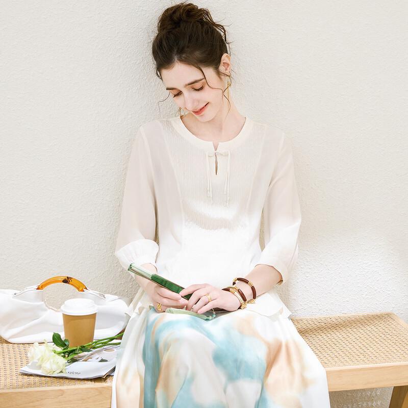 TUHUANG New Chinese Style Mulberry Silk 7-Sleeve Tassel Blouse