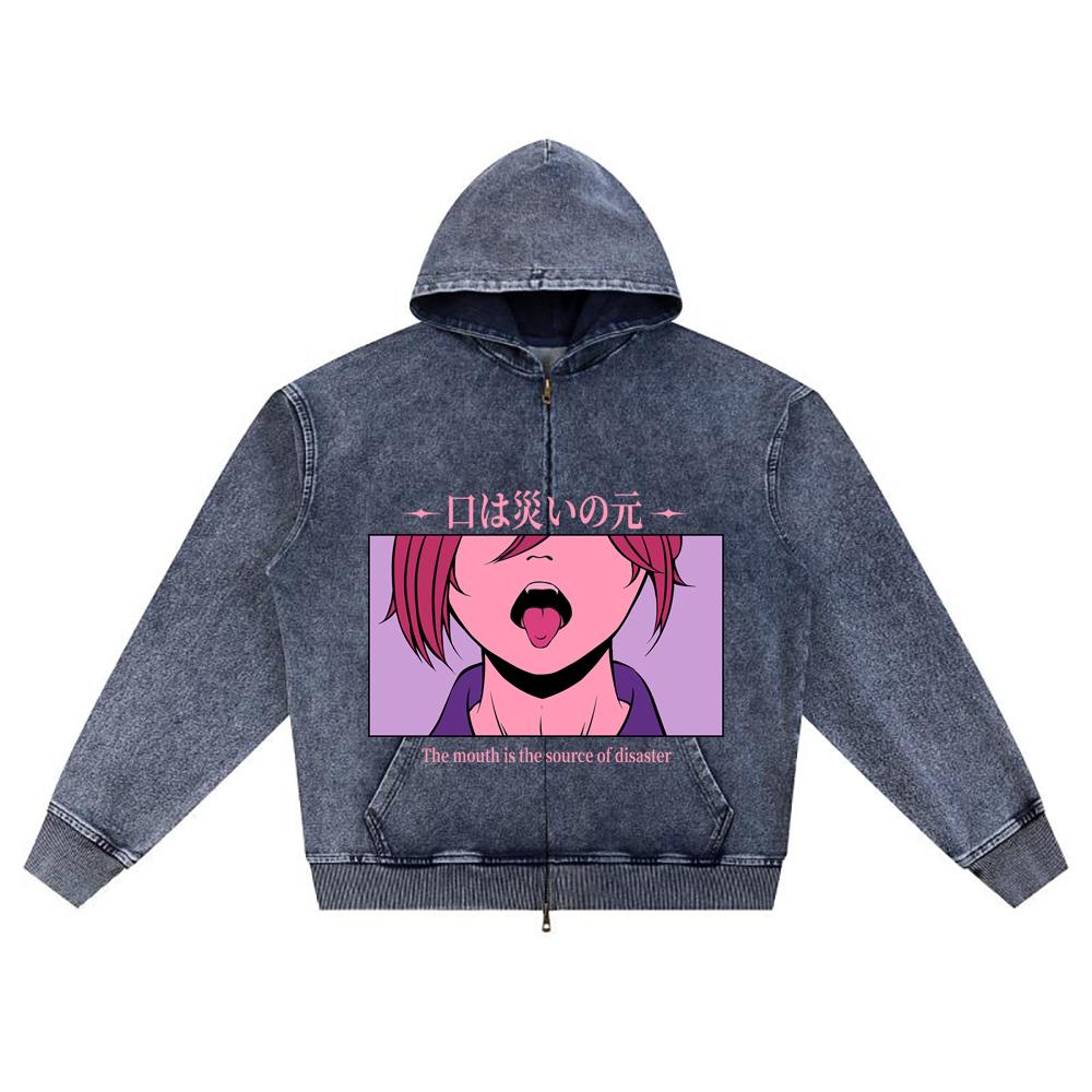

DTG print Knitted Denim Zip-Up Hoodie anime streetwear 29 Brother Print Zipper Hoodies XL темно-синий