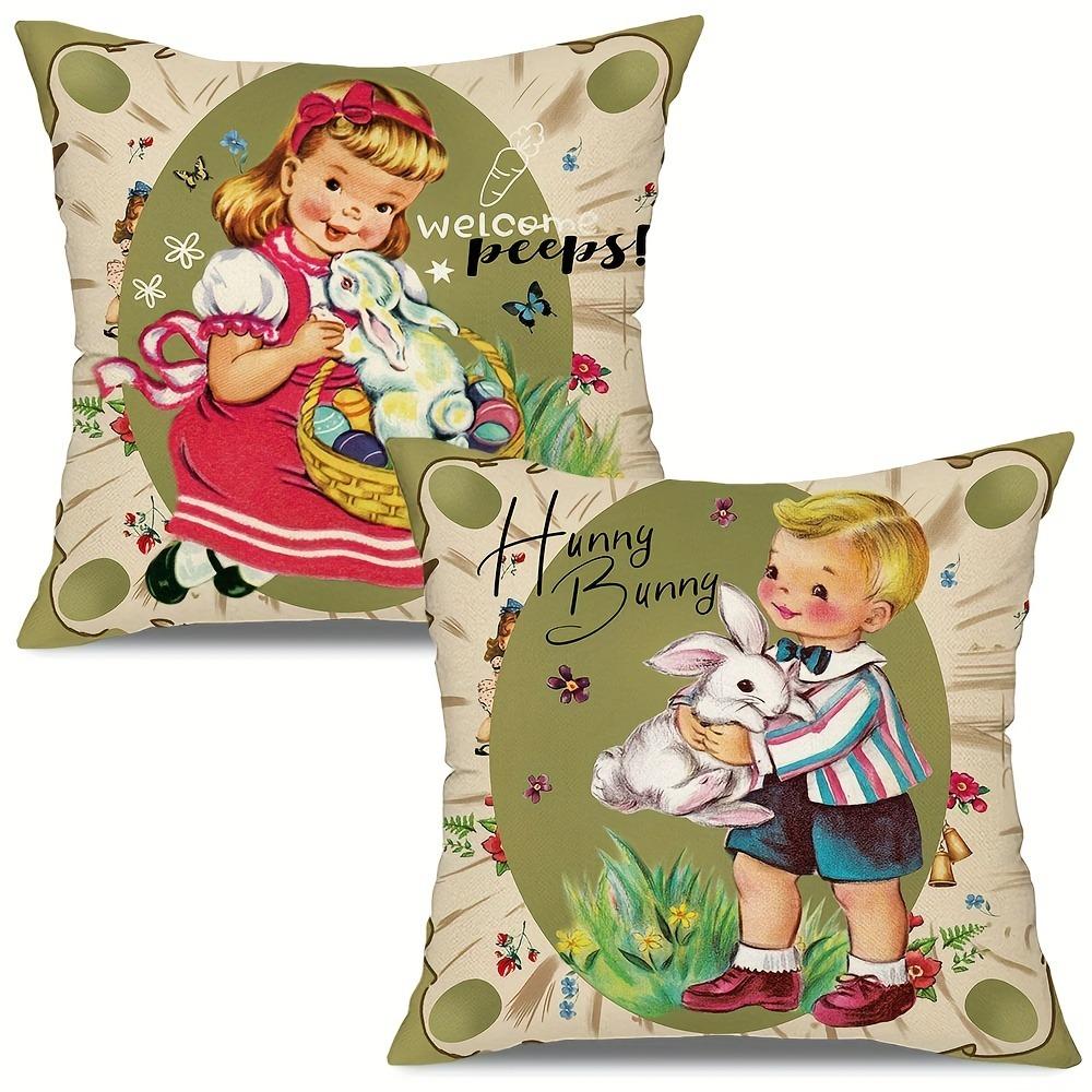 2 pieces vintage farmhouse Easter bunny throw pillowcase