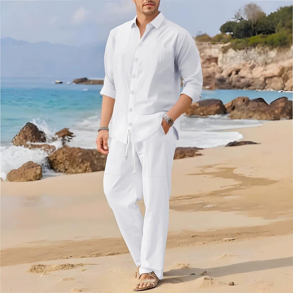 Spring Summer Autumn Men's Casual Long-Sleeved Set Solid Shirt and Pants - Comfortable and Fashionable Two-Piece Set