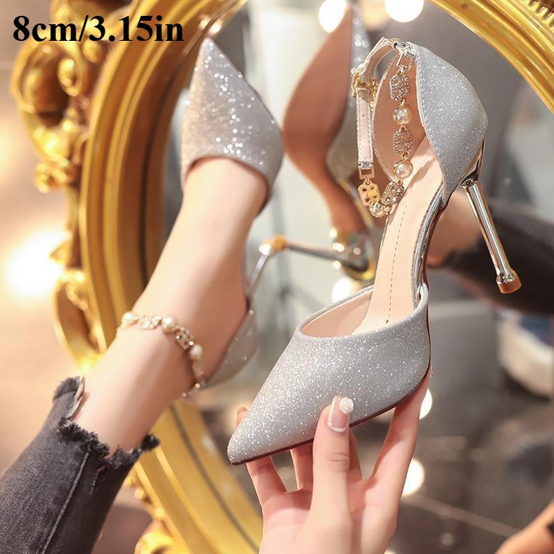 

Women s Single Strap Fine High Heeled Baotou Sandals Pointed Toe Shallow Mouth Metal Buckle Non-Slip High Heels 33