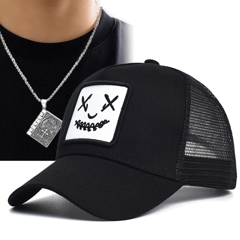 

Мужская и женская модная повседневная солнцезащитная шляпа от солнца из 2 предметов, вышитый утиный язычок, дышащая сетчатая кепка, ожерелье с подвеской в виде книги, комплект для пары, спортивная бейсболка белый/чёрный