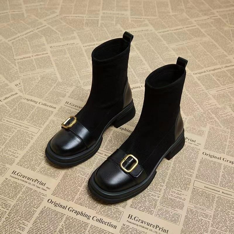 Retro Velvet Short Boots Women's Boots Autumn and Winter New Elastic Thin Boots Socks Boots Brown Medium Boots