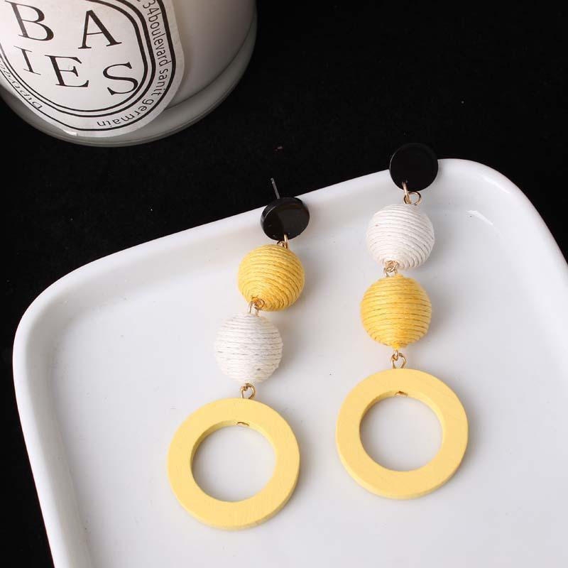 Minimalistic Hemp Rope Ball Dangling Drop Earrings for Women Yellow Color Sweet Cut Out Circle Statement Ladies Jewelry Earrings
