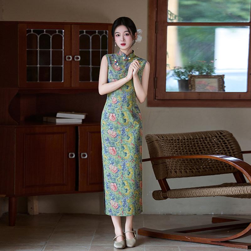 Green sleeveless national style new Chinese daily Suzhou long cheongsam improved young 1011 new women's high sense