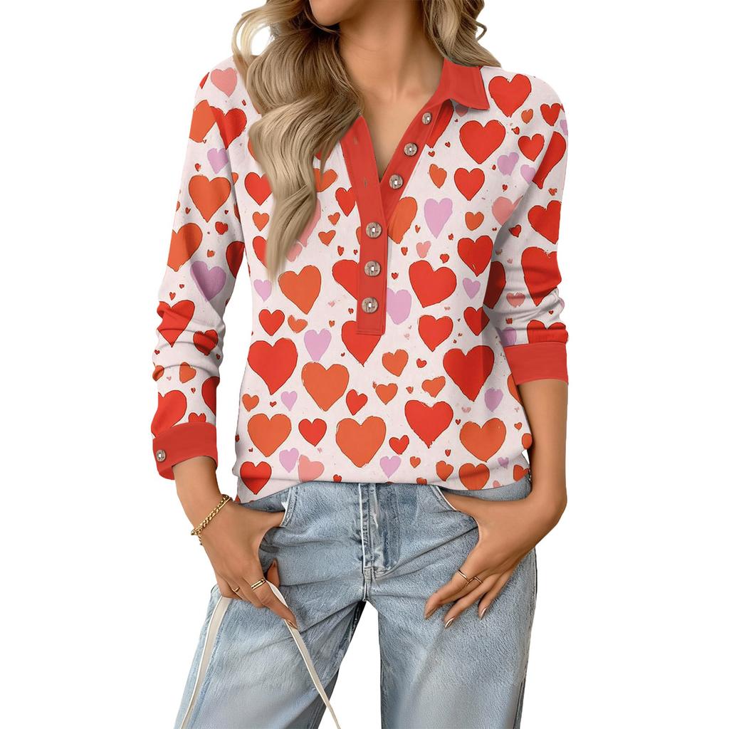 Damen Retro Street Lässiger V-Ausschnitt Langarm Knopf Valentinstag Herz Pullover Top