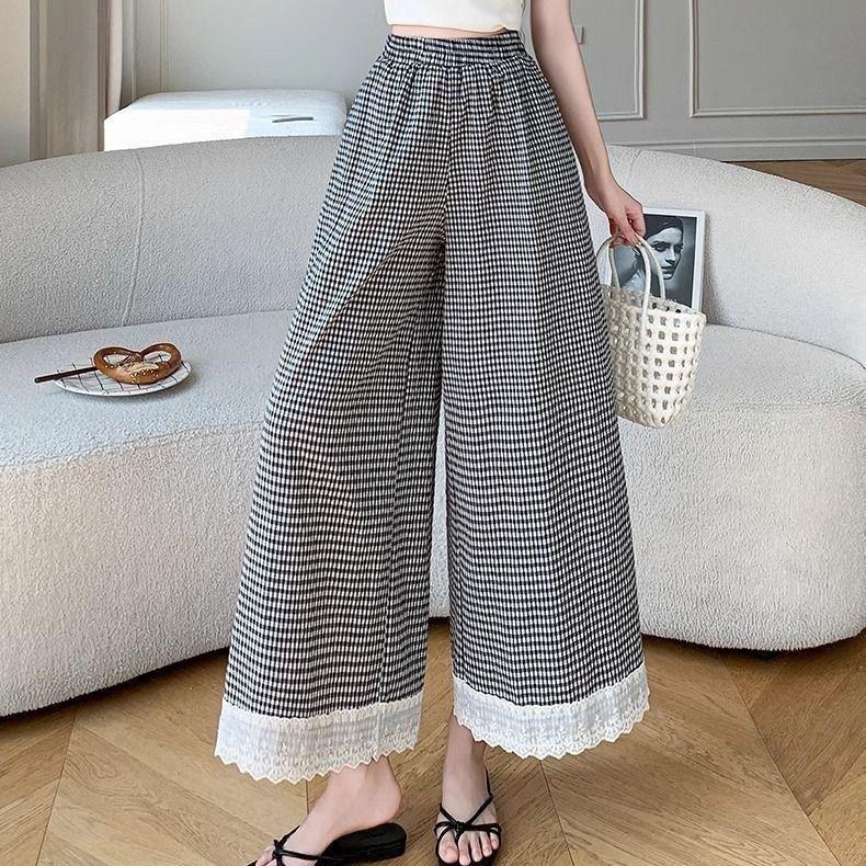 

Женские летние клетчатые брюки с кружевной отделкой и широкими штанинами - Тонкие брюки прямого кроя больших размеров 3XL