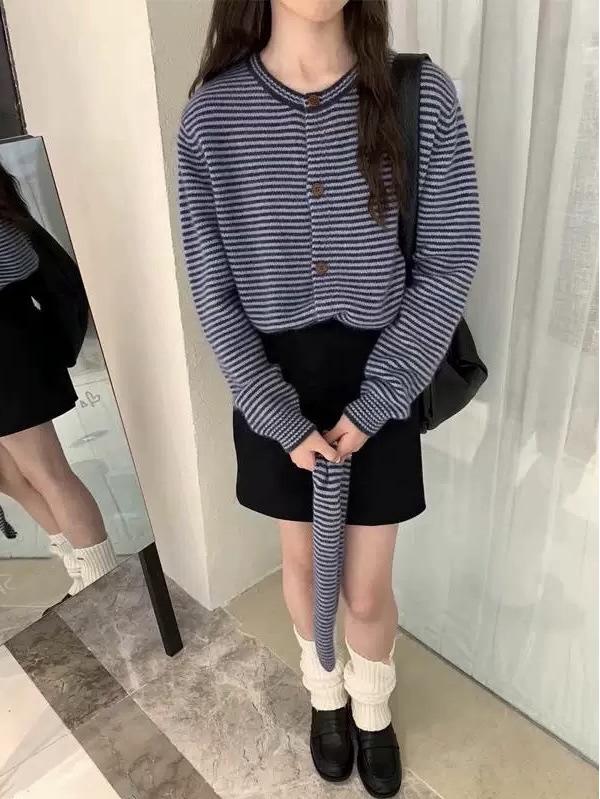 Design Sense Damen Gestreifte zum Binden Gestrickte Strickjacke - 2025 Herbst/Winter Kollektion.