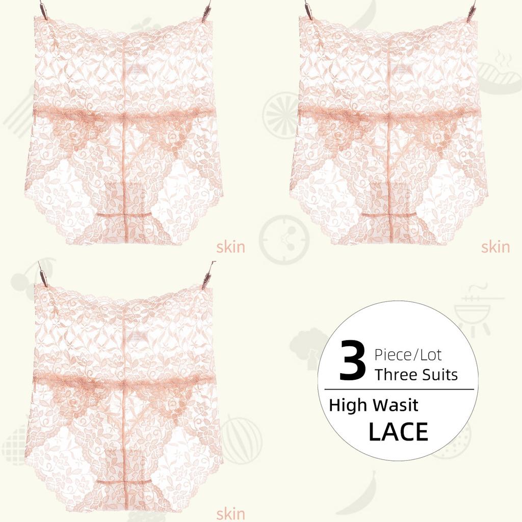 3Pieces/Lot High Waist Light Sexy Elastic Lace Women's Panties, Pure Cotton Crotch Comfortable Non-marking Breathable Lightweight Underwear Briefs