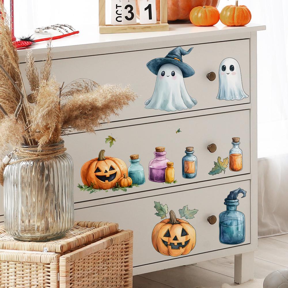 Cute Pumpkin Halloween Ghost And Witch Hat Living Room Home Decor Stickers Wall