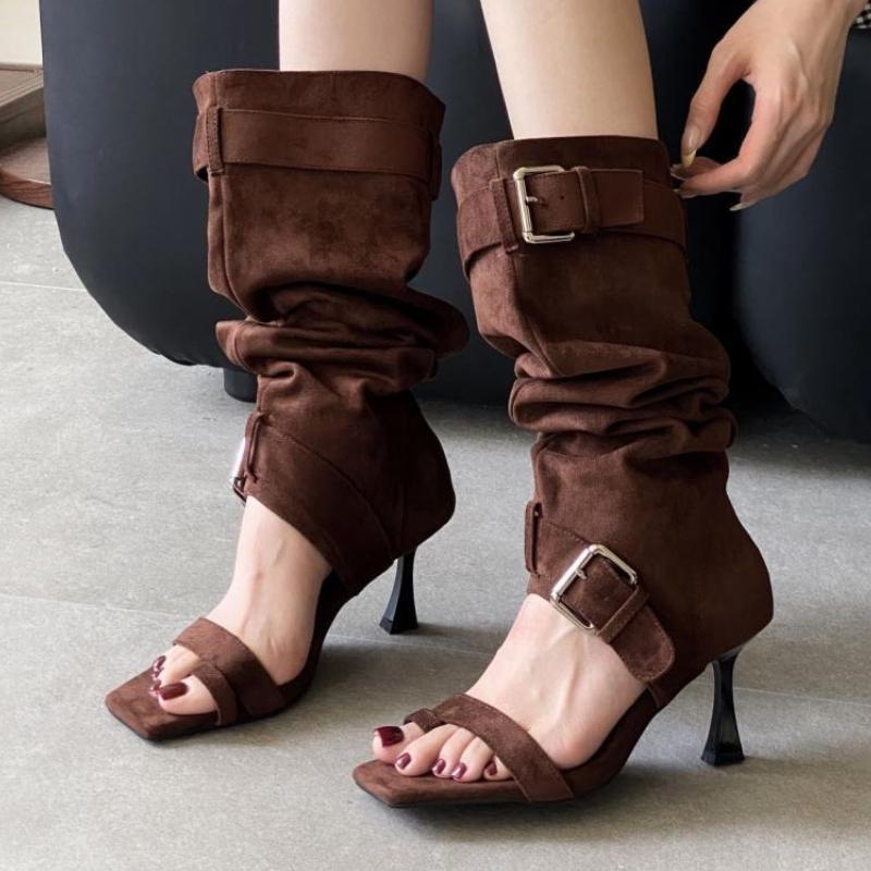 

Fashion Fashion Metal Buckle Decoration Thigh High Boot Women Sexy Open Toe Design Brand Modern Boot High Quality Faux Suede Summer Boot 39 коричневый