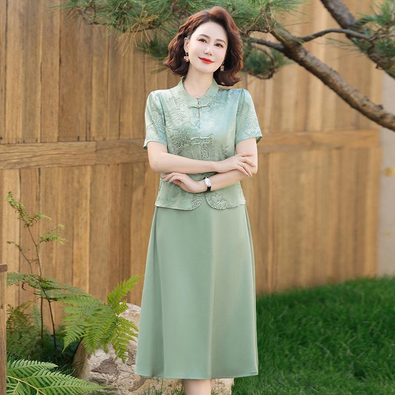 

Elegant Chinese Summer Dress for Middle-Aged and Elderly Women - Mid-Length Skirt 3XL [for 120-130kg]