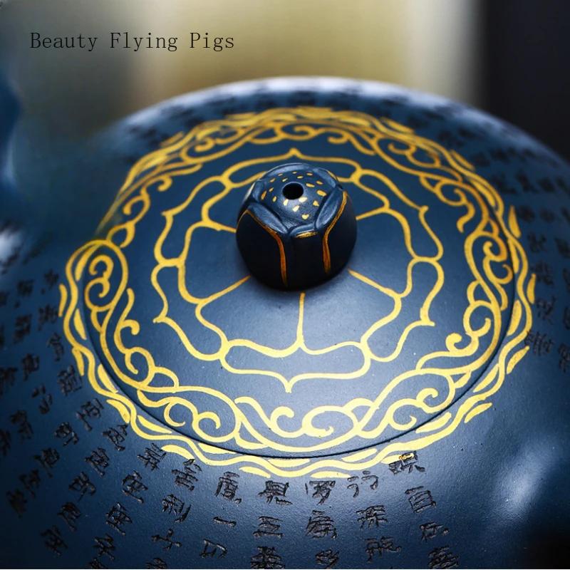 15,5x7,5cm Lehký Luxus Retro Ručně Vyráběná Fialová Písková Čajová Konvička, Nebesky Zelená Hlína, Příznivá Zlatě Malovaná Čajová Cesta, Nástroj pro Přípravu Čaje