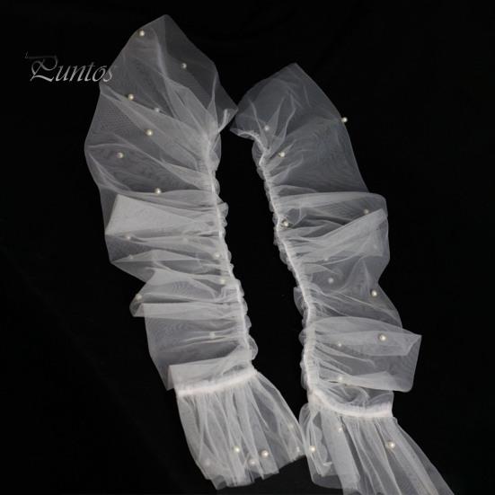 1 Pair Women Prom Arm Covers See-through Lace Faux Pearl Decor Thin Ruffle Pleated Fingerless Literary Style Performances Bride Wedding Photo Prop