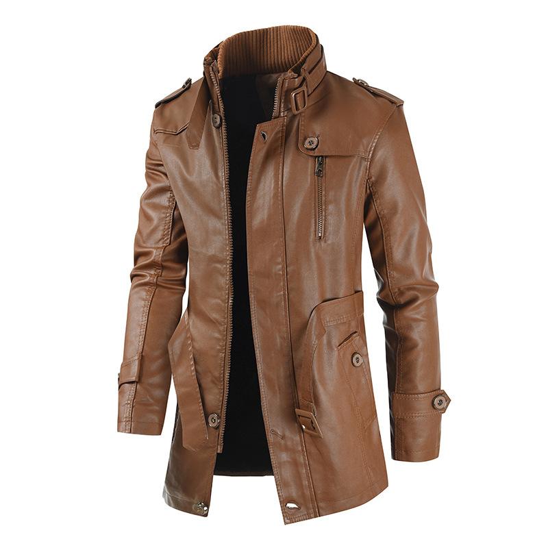 Winter new men's medium and long leather youth stand-up collar with fleece leather jacket DL