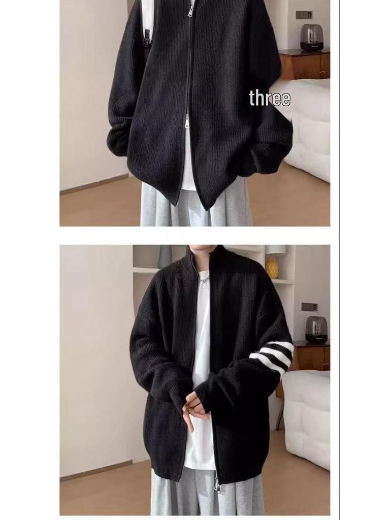Men's Striped Cardigan Sweater: Casual Knitwear Jacket with High-End Feel for Autumn/Winter.