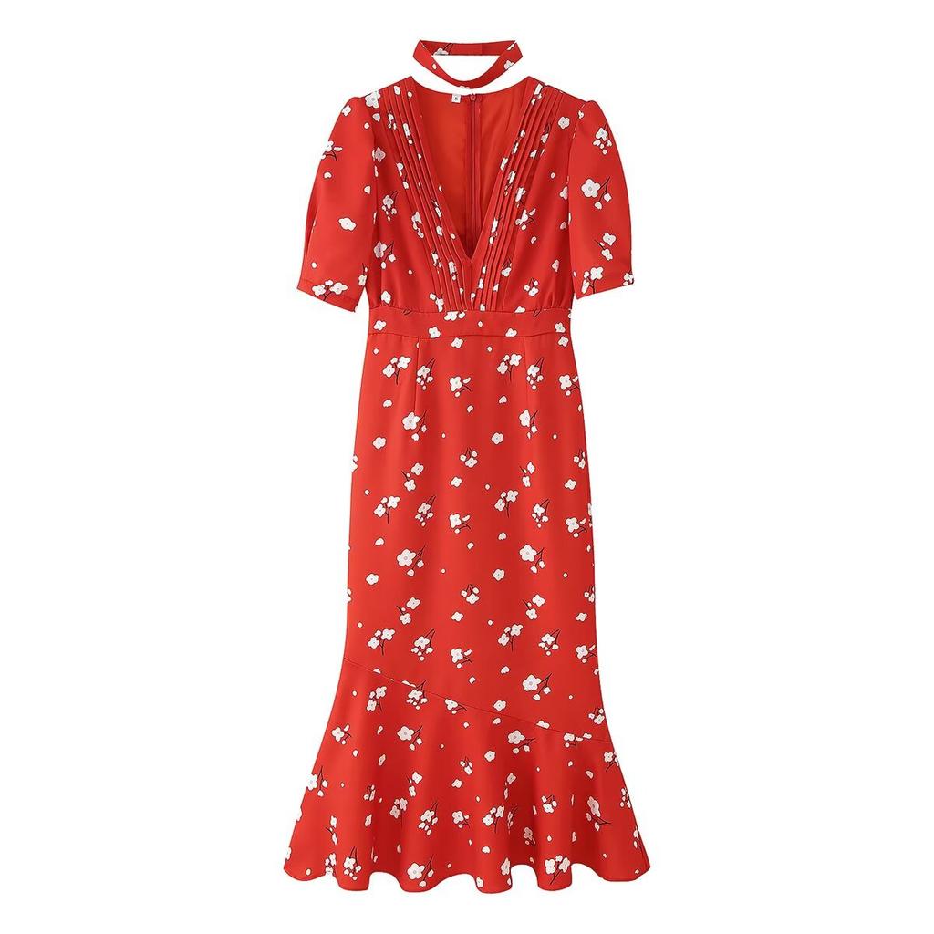 Women's summer new French sweet design slim bubble sleeve floral dress