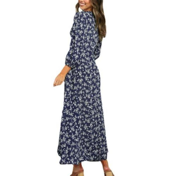 Floral Print Maxi Dress for Women Long Sleeve V Neck High Waist A Line Long Dress Casual Wear for Beach Weddings Parties