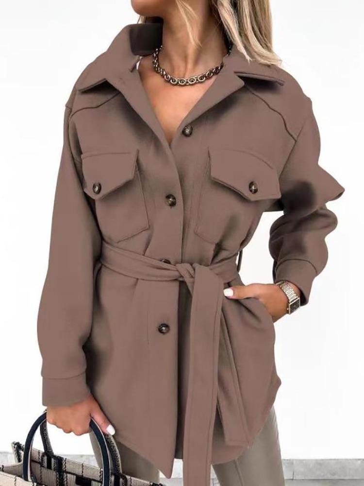 Women Winter Wool Coat with Lace Trim Long Sleeve Solid Color Autumn Fashion