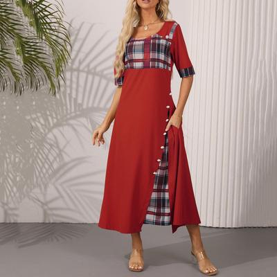 Women's Retro Plaid Dress Round Neck Short Sleeve High Waist A-Line Long Skirt