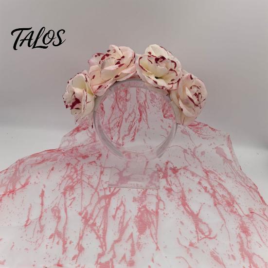 Tiara Cabeça de Rosa Talos, Véu Manchadode Sangue para Noiva Zumbi de Halloween, Aro de Cabelo de Malha Respirável com Design de Peça Única para Cosplay Temático de Casa Assombrada