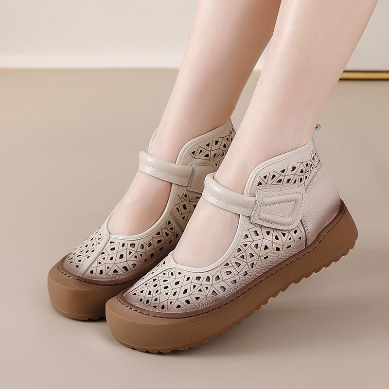 Summer Women's Ethnic Vintage Slide Sandals - Top-Grain Cowhide, Hollow-Out Breathable & Ultra-Soft Flat Sole with Bohemian Tribal Style Boots