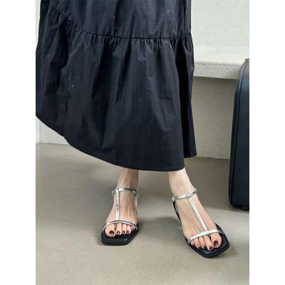 French Toe Thick Heel Sandals Women 2025 New Out Square Head Simple Strap Cross Fairy Beach Roman Shoes