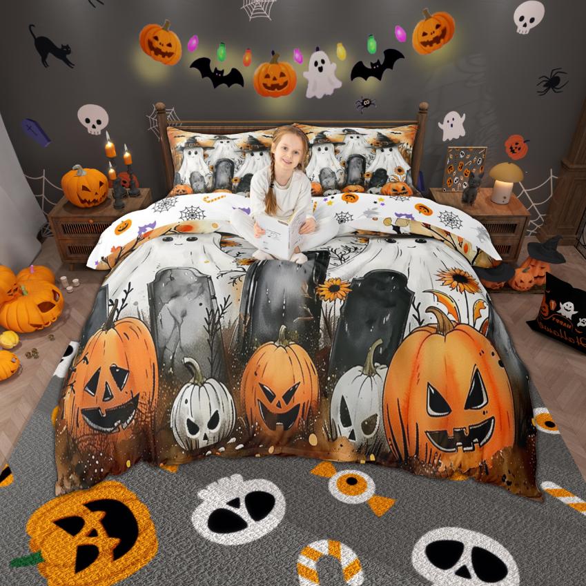 Homewish Cartoon Spooky Animal Duvet Cover Set Happy Halloween Theme Bedding Set Pumpkin Bat Ghost Quilt Cover Set Room Decor