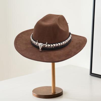 Cowboy Hat for Women And Men Shapeable Brim Western Cowgirl Hat with Bull Head Band Decoration Faux Suede Roll-up Fedora Hat