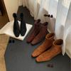 2025 Autumn and Winter New Square Head Woven Rear Zipper Low Tube Suede Thin Martin Fashion Women's Short Boots