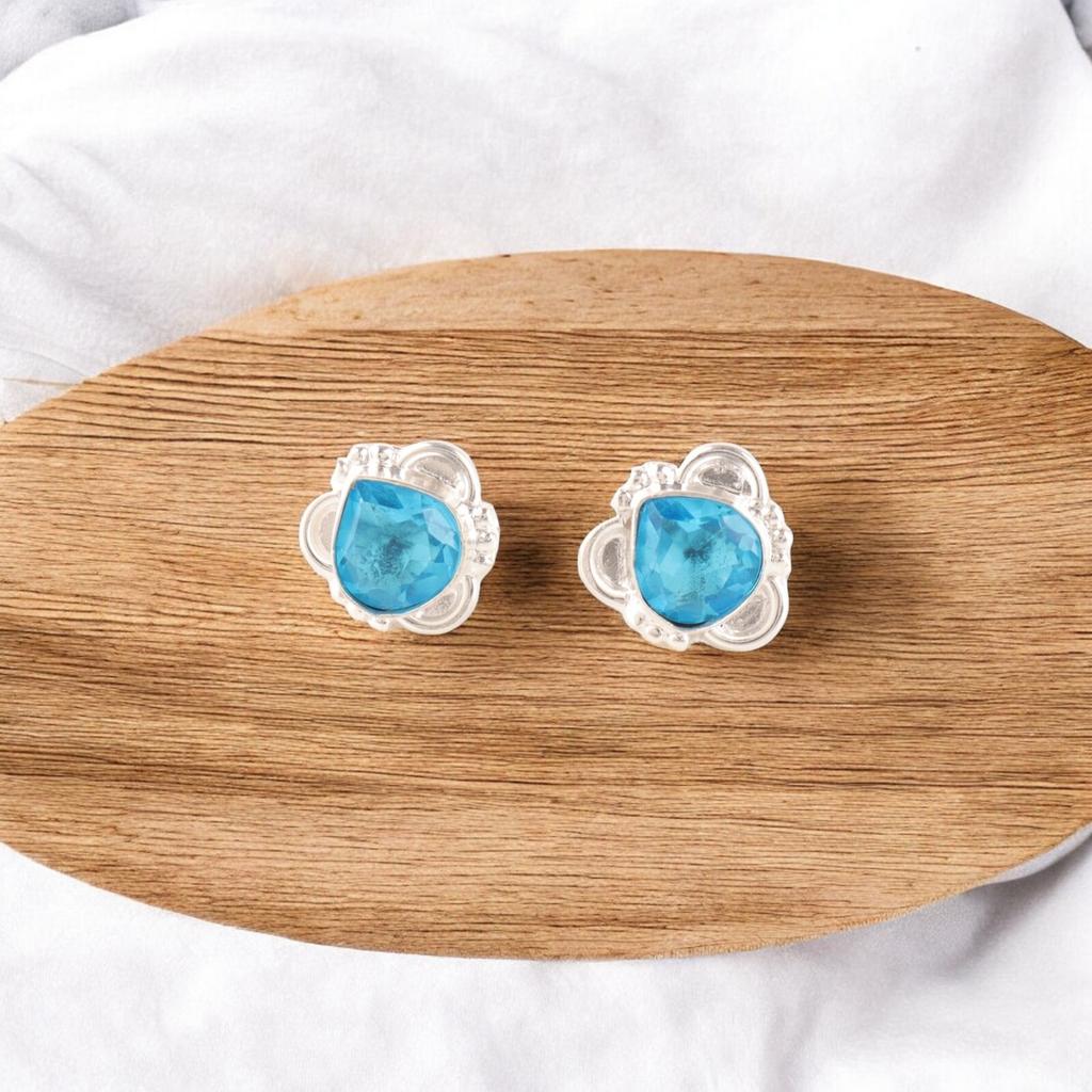 Swiss Blue Topaz Gemstone Earrings 925 Fine Silver Handmade Jewelry For Bridal EE-159-13