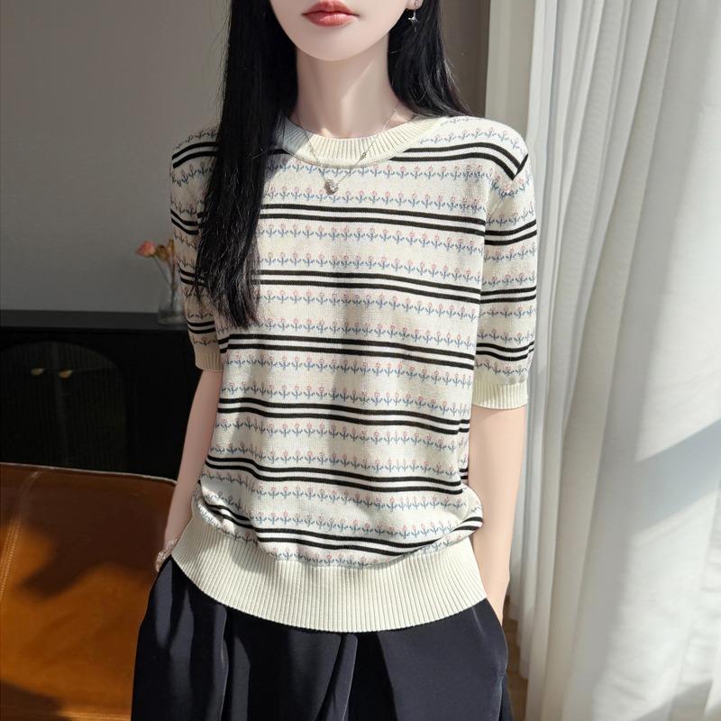 French Contrasting Flower Stripe Crew Neck Short Sleeve T-Shirt Women's Thin Loose Lyocell Tencel Knitted Sweater Top