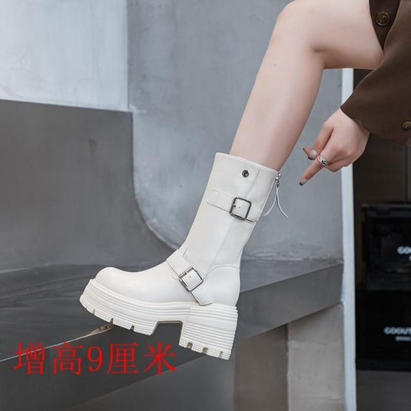 Fashion 9CM Microfiber Leather Autumn Boots Flats Plush Ankle Booties Women Platform Wedge Thick Sole Motorcycle Winter Shoes