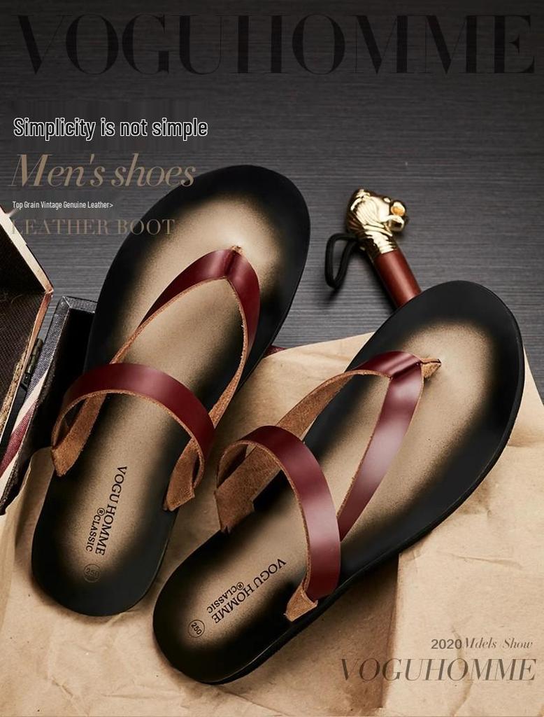 Men's Top Grain Cowhide Genuine Leather Non-Slip Summer Slippers - Trendy, Breathable, Versatile Flip Flops for the Beach