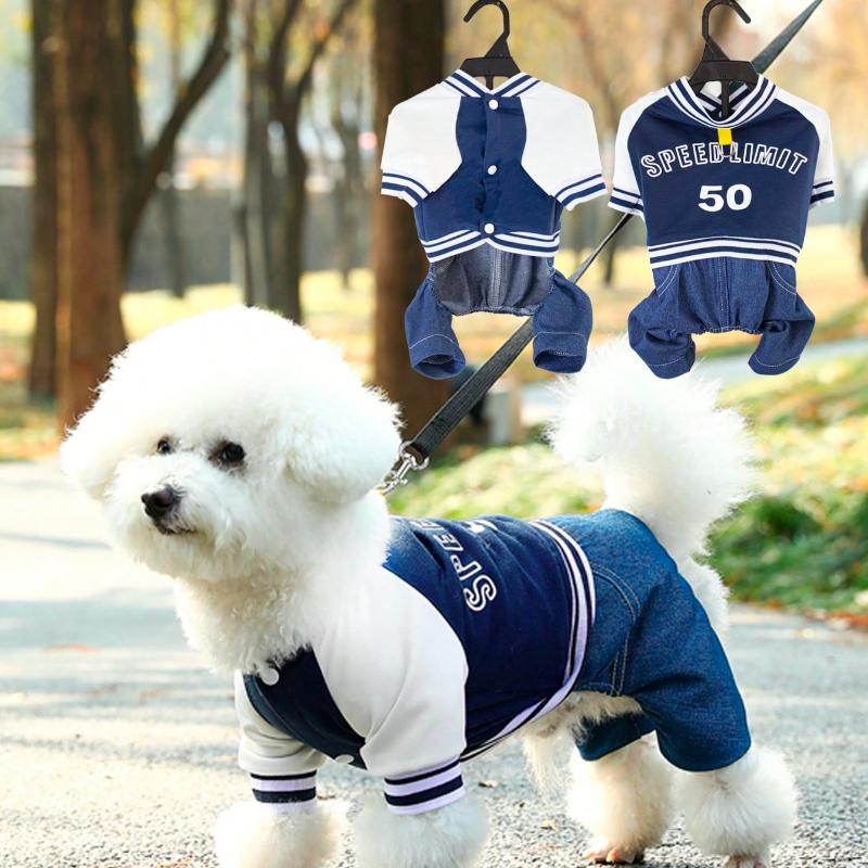 Pet 4-Leg Jumpsuit In Navy and Print Color Block Design, Letter Print, for Cats & Dogs, Suitable for Spring/Autumn