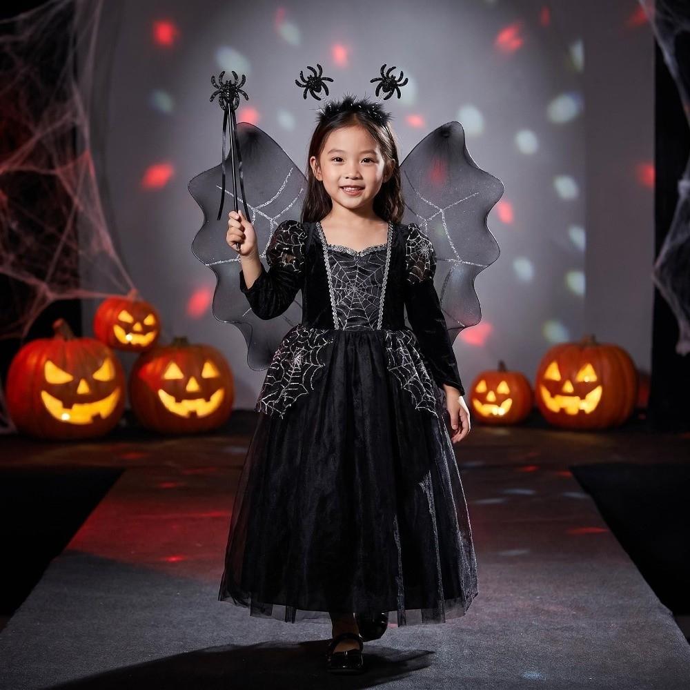 Spider Web Cosplay Outfit Bat Wing Halloween Kids Skirt Children Costume Set  Dress Up