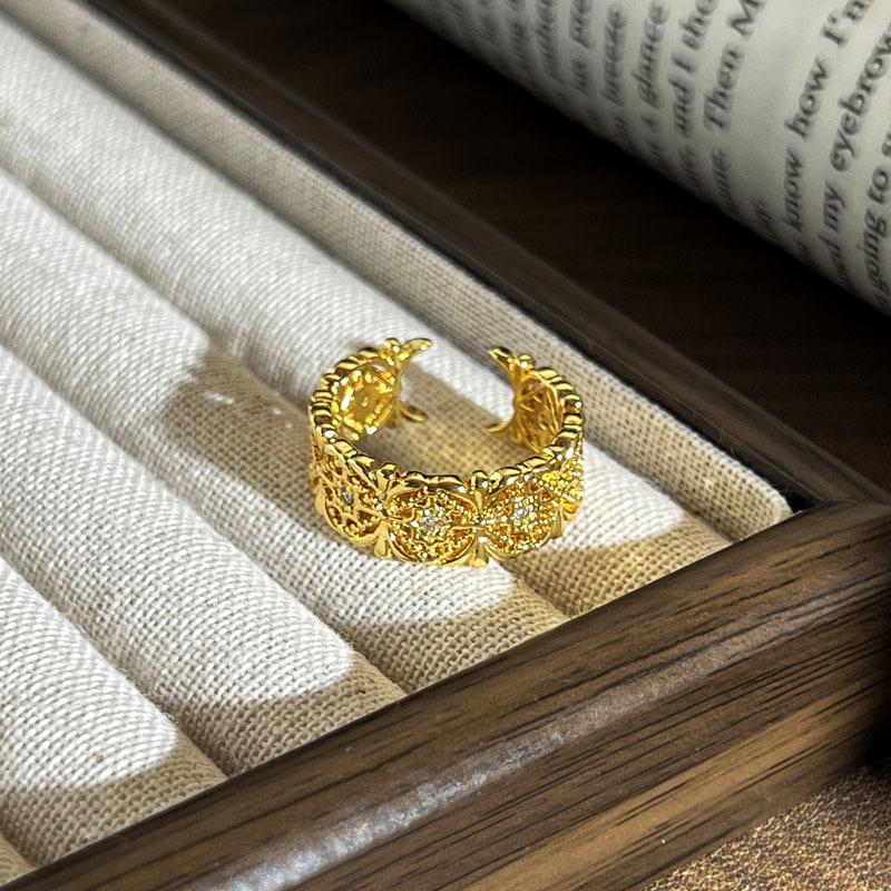 2026 Ring Female Niche Design Sense Geometric Micro-inlaid Zircon Cold Wind Versatile Retro Adjustable Texture Ring