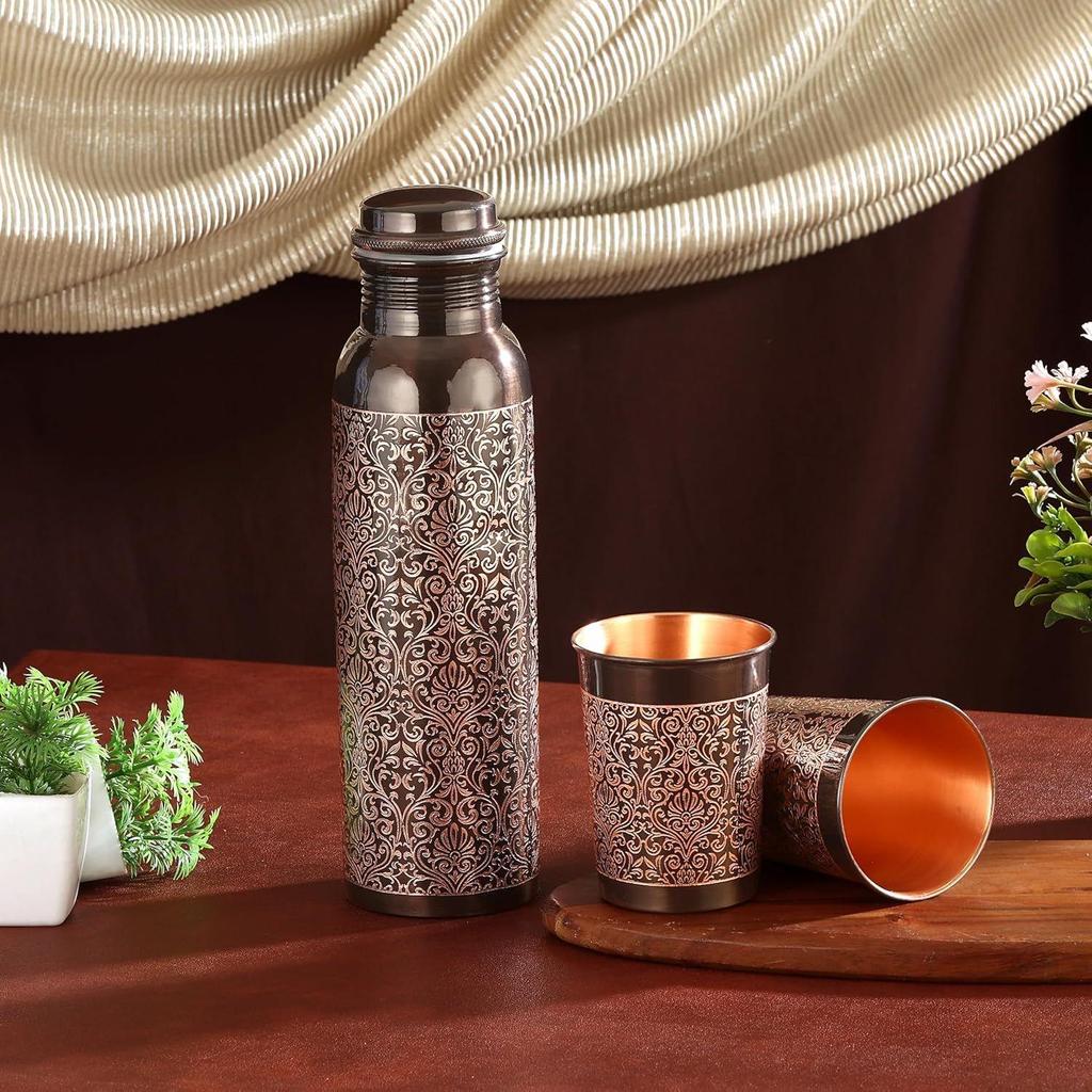 Pure Copper Bottle with 2 Glass Gift Set (Antique Itching Regular) 1 Litres