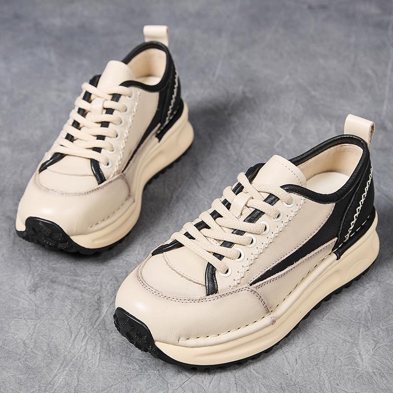 Fashion GKTINOO Sneakers Women New Genuine Leather Retro Flats Thick soled Lace-Up Spring Autumn Lady Handmade Flat Casual Shoes Women