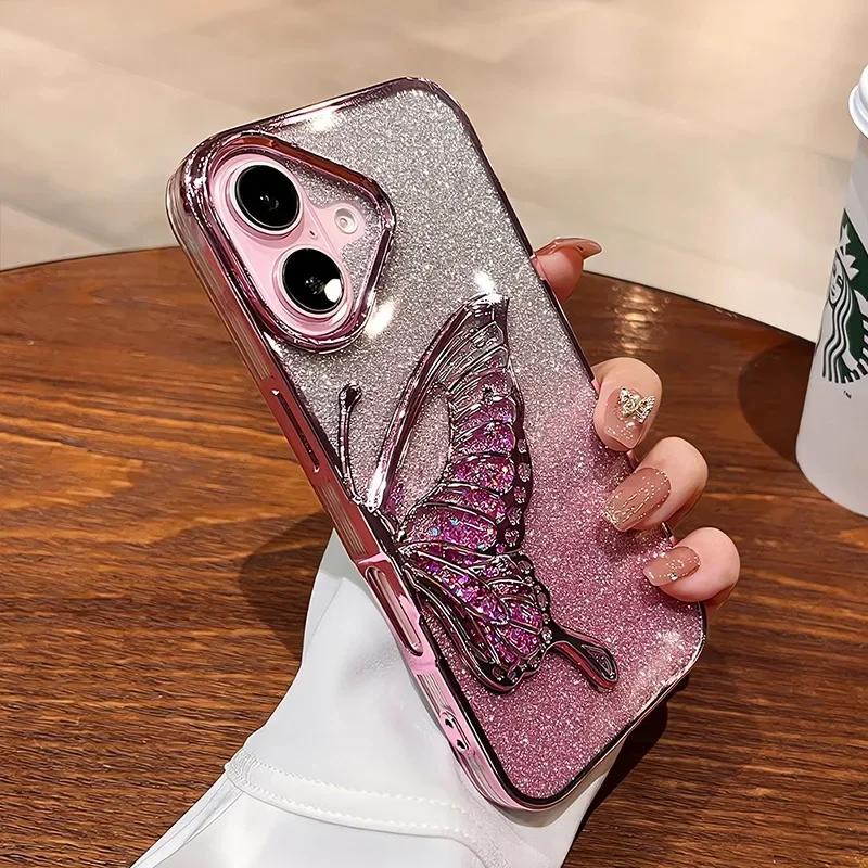 Cartoon Butterfly Glitter Quicksand Case for iPhone 16 15 14 13 Pro Max Plus 11 12 Plating Gradient Bling Camera Film Soft Cover
