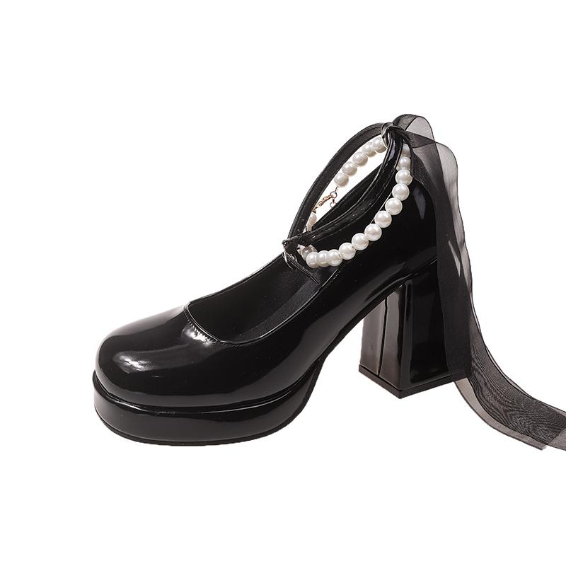 Designer Mary Jane Shoes Women's Spring New Ultra-high Heel Pearl Chain with Platform Block Heel Wedding Shoes Lolita Shoes
