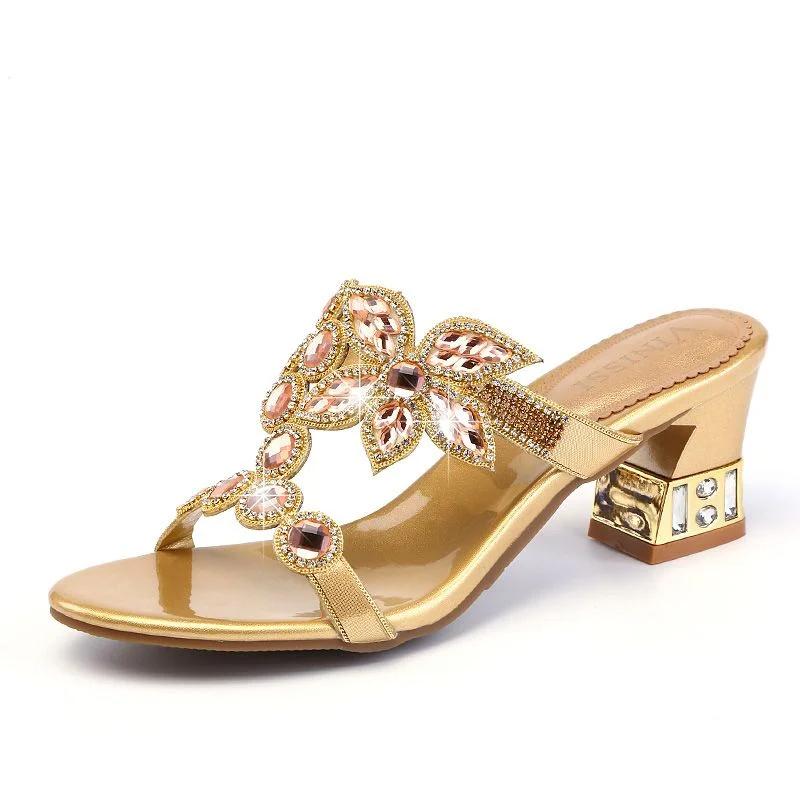  Summer Shiny Comfort Luxury Design Women's Rhinestones Sandals Fashion Crystal Square High Heels Banquet Party Shoes
