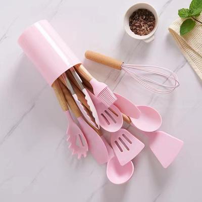 12Pcs Silicone Kitchenware Set Turner Spatula Spoon Non-Stick Heat Resistant Cooking Utensils with Wooden Handles Storage Bucket for All Cookware