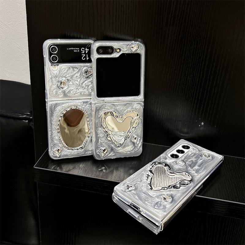 Silver Gray Glue Phone Case for Samsung Zflip6 Flip Folding Screen Zfold5 Love Mirror Female New Model