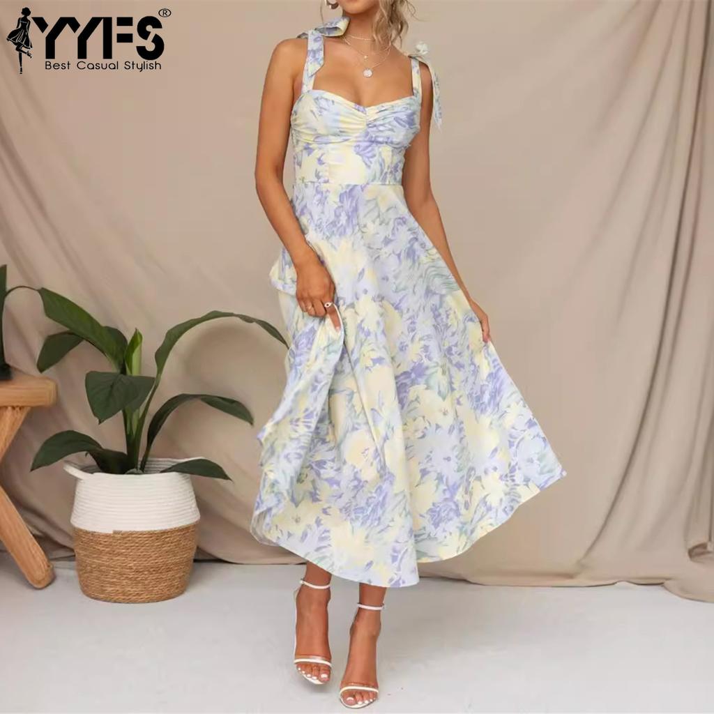 YYFS Dámská móda Léto Jaro Květinový potisk Ležérní šaty bez rukávů s výstřihem do V se středním pasem